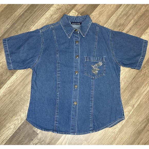 Speed Star Tops - Y2K Blue Denim Shirt Women M Floral Embroidery Cotton Button Cottage Prairie VTG